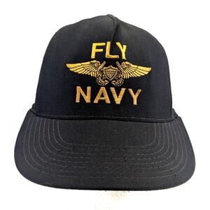 RARE Vintage Fly Navy Trucker Hat USA Military Pilot Snapback Cap Eagle Crest